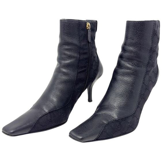 Gucci‎ Boots GG Logo Monogram Supreme Black Leather Canvas Ankle Boots Heels 9.5 - Picture 11 of 11